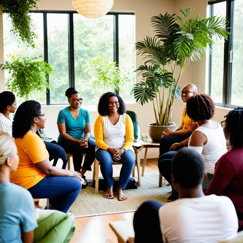 A diverse group of individuals engaging in a vibrant community wellness workshop, showcasing support and collaboration. Include participants sharing stories, group activities, and a warm, inviting atmosphere with greenery and natural light. Highlight the theme of triumph and healing with uplifting expressions. super-realistic. vibrant colors. warm tones.