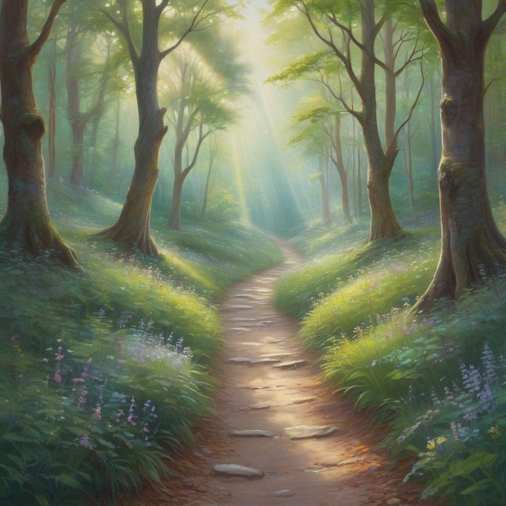 A serene and supportive landscape depicting a winding path through a lush green forest, dotted with light beams cascading through trees, representing hope and healing. Along the path, include symbols of support such as ribbons, flowers, and hands holding each other. In the background, faint silhouettes of people in joyful celebration symbolize survivorship. Soft pastel colors, gentle sunlight filtering through leaves. super-realistic. vibrant colors.
