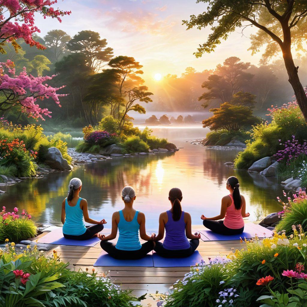 A serene landscape depicting a vibrant sunrise over a tranquil river, symbolizing hope and renewal. In the foreground, a diverse group of cancer survivors, smiling and engaging in healthy activities like yoga and meditation. Surround them with lush greenery and blooming flowers, representing growth and resilience. Soft, warm colors dominate the scene, evoking a sense of peace and strength. super-realistic. vibrant colors.